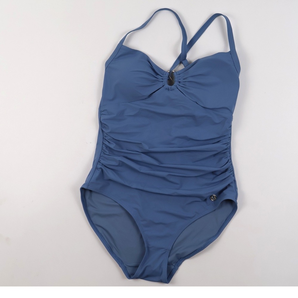 Shapellx Swimsuit Tummy Control Ruched One Piece Blue Solid M NEW 88